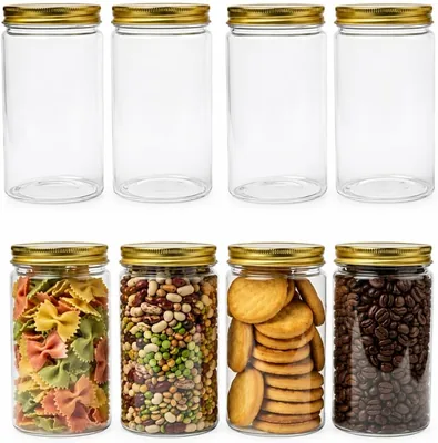 4 Pcs Premium Clear Glass Storage Jars with Gold Lids - Airtight Kitchen Containers