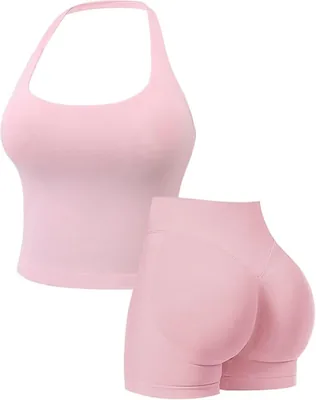 Women's Workout Set: Halter Crop Top & High Waist Shorts