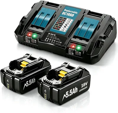 2 x 5,5 Ah Ersatzakku für Makita 18V + Dualport-Lader DC18RD | Kompatibel mit Makita BL 18V Batterie