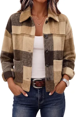LOMON Flannel Cropped Plaid Shacket Jacket