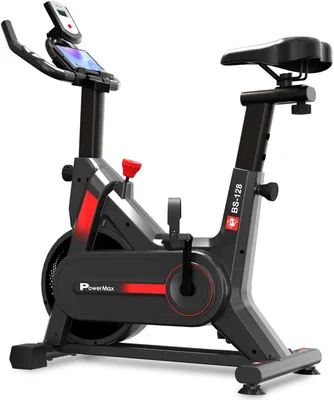 PowerMax Fitness BS-128 स्पिन एक्सरसाइज़ बाइक के लिए घरेलू उपयोग | 7KG फ्लाईव्हील | बेल ड्राइव सिस्टम | घर्षण प्रतिरोध | LCD डिस्प्ले