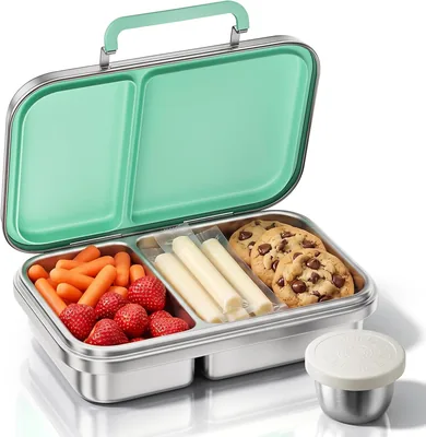 Caja de almuerzo HOMEFAVOR G.a de acero inoxidable de 600 ml para niños, caja de almuerzo con tapa hermética de 2 compartimentos y contenedor de salsa, verde