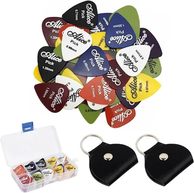 Juego de Púas para Guitarra 60pcs, Plumillas Superficie Esmerilada | 6 Grosores, Con 2 Caja de Púas PU Negro
