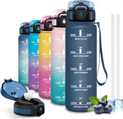 Bouteille d'eau Grsta Sports, 1 Litre, avec paille, étanche | Gourde Graduée Facile à Nettoyer