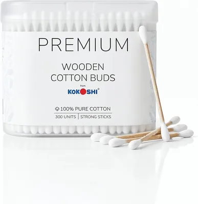 Kokoshi Wooden Cotton Buds, 300 pcs Pure Cotton