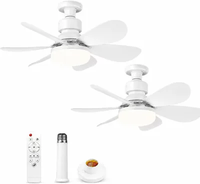 Vexabinion 2 Pack E27 Plafond Ventilateur avec LED Dimmable 40W, Télécommande, 3 Vitesses, 6 Pale, Blanc, 52 cm - 24% de Réduction