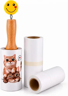 Pet Hair Lint Roller - Wooden Handle & 2 Refills | Stick Remover for Clothes, Furniture