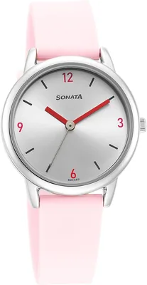 Sonata Plain 3 Hands Metal Silver White Round Dial Pink-Silicon Spray Polyurethane Strap Mens Watch - 8172SP01 Best Deal