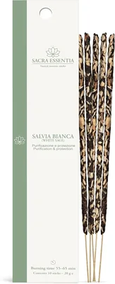 Sacra Essentia White Sage Biologico Certificato - 10 Bastoncini di Sage Bianca Naturale, Senza Profumi Sintetici | Certificazione Bio ICEA