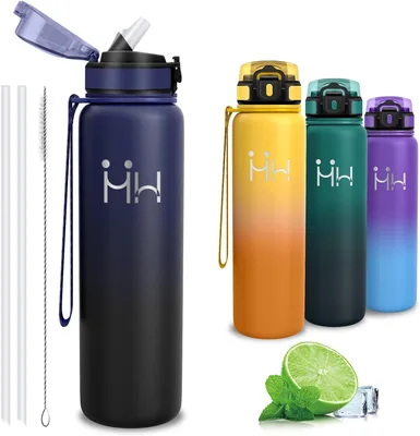 Bouteille d'eau isolée - 1L - Bouteille de sport avec paille, sans BPA, bouteille isolée | Étanche, brosse à paille, 18/8 acier inoxydable