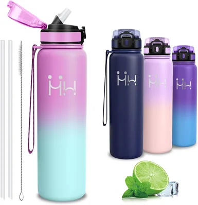 Bouteille Isolée 1 Litre, BPA Libre, avec Pinceau à Pailles | Sans Fuite, en Acier Inoxydable 18/8
