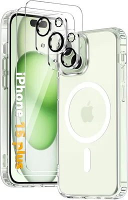 Étui magnétique Vuletc pour iPhone 15 Plus avec 2 verres trempés et protection caméra, compatible MagSafe, Shock Absorption