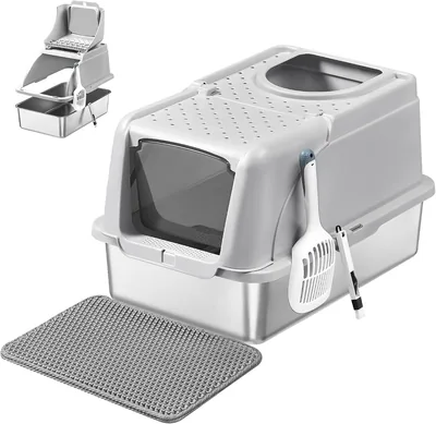 Feandrea Portasigari per Gatti in Acciaio Inox Chiuso, 24 x 40 x 36.5 cm, Antirifluido, Doppio Ingresso, Tappetino e Spazzola, Grigio Taupe, Scatola