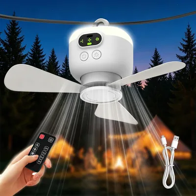 Ventilateur de plafond avec éclairage, 10.6 Pouces Ventilateur de Camping pour Tente, Batterie 8000mAh Rechargeable avec Lumière et Télécommande, USB Type-C