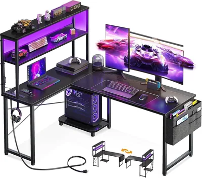 DESINO L Shaped Gaming Desk with LED Light & Power Outlet