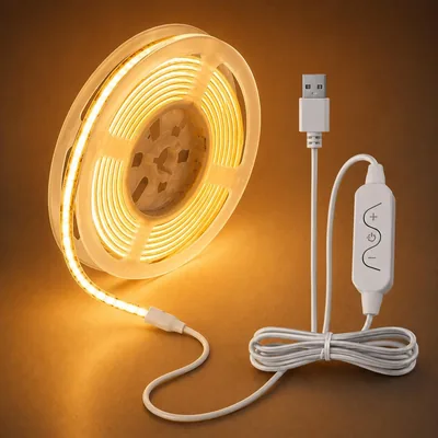 Lámpara de tira LED sylvwin COB 1M, 5V USB, 320 LEDs/m, Blanco Cálido 2700K, Dimmable y Flexible para Bajo Armario