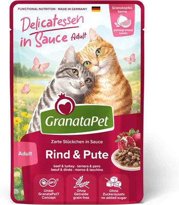 GranataPet Delikatessen in Rindfleisch & Putenfleisch Sauce, 12 x 100 g | Vollwertige Ernährung, getreidefrei, ohne zugesetzten Zucker, Taurin und Grünlippenmuschel