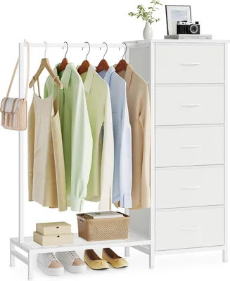 SONGMICS Kläderak med dressare, friståndsguardrobe med 5 textila skrivor och kläderrail, skoark, 96.3 x 30 x 117 cm - Best Deal