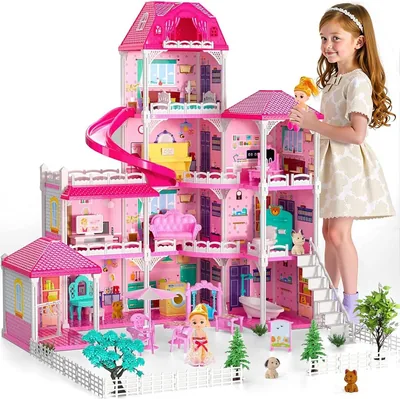 AM ANNA 4 Story Dollhouse with 10 Rooms & 2 Dolls