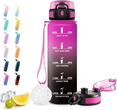 Bouteille d'eau réutilisable JAPORIA 1L avec filtre et marqueur horaire, bouteille de motivation pour le camping