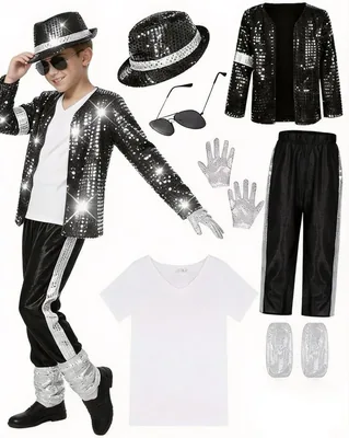Pop Star Halloween Costume Set - Black Sequin Jacket, Trousers, Hat & Gloves (Best Deal)
