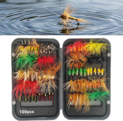 Fisking baitset 100 stk, flybox med forlar, lox 10/12/14 | Dry, wet och rörare hängvattor, foaminsättning, frisch