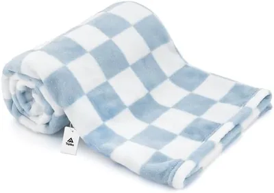 Topika Blue Fluffy Checkered Baby Blanket - Soft Fleece, Lightweight Warm Cozy for Crib Stroller