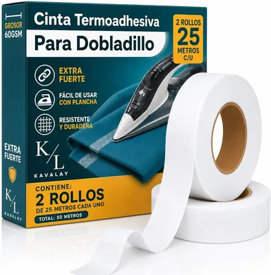 Kavalay Cinta para Acabado de Dobladillo de Planchado 2 Rollos de 25 Metros x 2 cm - Reparación de Dobladillos sin Coser para Cortinas, Pantalones y Vestidos