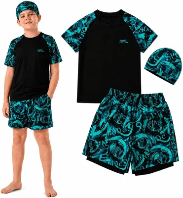 Boys Swimming Suit Set: Shorts, Shirt, Cap