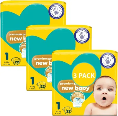 New Baby Size 1 66 Newborn Nappies (3 Packs of 22) Premium Protection Best Deal