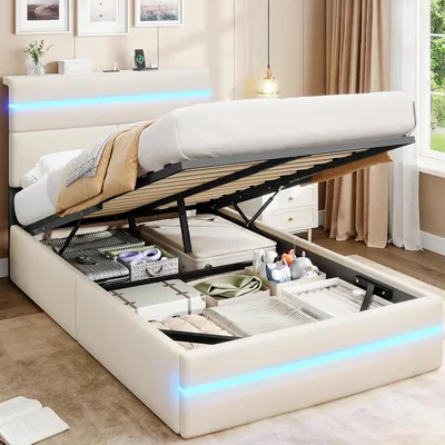 Lit de stockage AOGLLATI 90 x 200 cm avec éclairage LED, prise et système hydraulique | Lit simple avec rangement, tête de lit rembourrée - Meilleure affaire