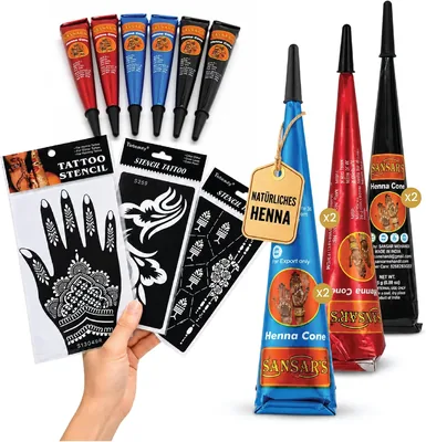 Natürliches Henna-Tattoo-Set mit 6 Röhren in 3 Farben - Braun, Auburn und Schwarz, mit 10 Vorlagen, Feine Spitze