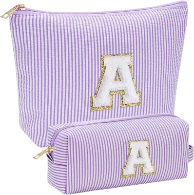 Personalized Makeup Bag Purple Cosmetic Pouch with Chenille Letter