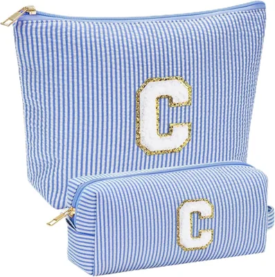 Personalized Makeup Bag Blue Cosmetic Pouch with Chenille Letter