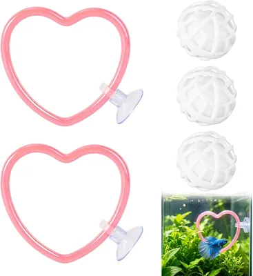 XIHIRCD 2st Pinka Hjärt Betta Träningsringar & 3 Filterbollar Aquarium Dekor | Plast Betta Riket Speelballe med Fodring Ring