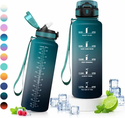 Bouteille d'eau JAPORIA 1.5L, Bouteille sportive avec paille et marqueur horaire