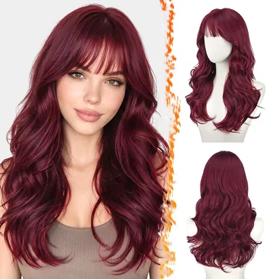 BARSDAR 22 Inch Wavy Burgundy Wig with Wispy Bangs