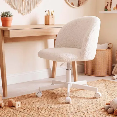 DueHome Silla de Oficina Tapizada en Tela de Shearling, Modelo Candy, Color Blanco, Medidas: 45.5 cm (An) x 47 cm (L) x Altura Ajustable