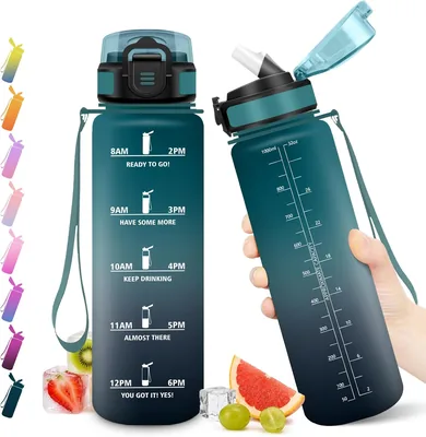 Bouteille d'eau JAPORIA 1L avec paille, marqueur horaire, étanche et réutilisable, pour bureau, randonnée, fitness