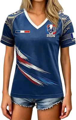 Maillot de France Foot 2026 Femme - Tee-shirt fan football col en V à manches courtes