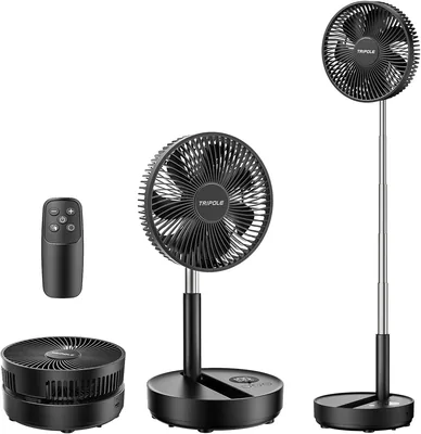 TriPole Portable Bodenventilator mit LED-Anzeige, Batterie, 28,5 Stunden Laufzeit | Schwingender Ventilator mit Fernbedienung, Falten