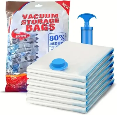 5 Pack Vacuum Storage Bags - Jumbo 50x70/60x80/80x100cm with Suction Pump, Space Saver