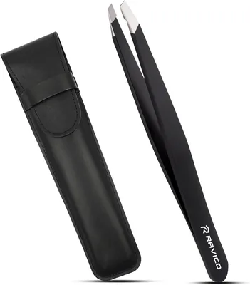RAVICO Professional Tweezers for Eyebrow with Case - Stainless Steel Slanted Tweezers