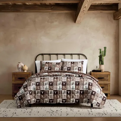 Wrangler Queen Quilt Set Fall Western Patch Brown Best Deal