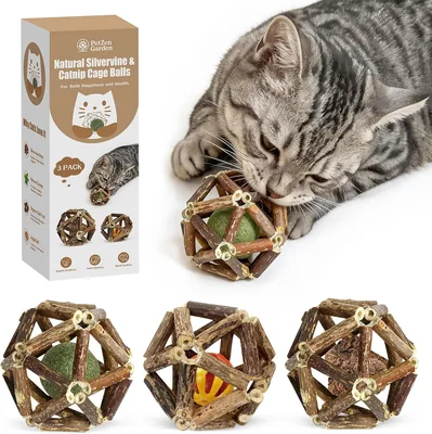 PetZen Garden Cat Toy 3 Pack - Silvervine Cage Ball with Catnip & Bell