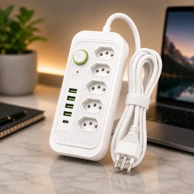 Filtro de Linha Extensão Elétrica com Régua de Energia Bivolt 110V/220V, 5 Tomadas, 4 USB-A, 2 USB-C, Cabo 2 Metros