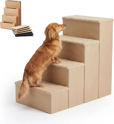 Relaxdays dogstairar, 4 steg, lagring, HxWxD 65x40x70cm, beige | kolladable dog ramp för säng och sofa