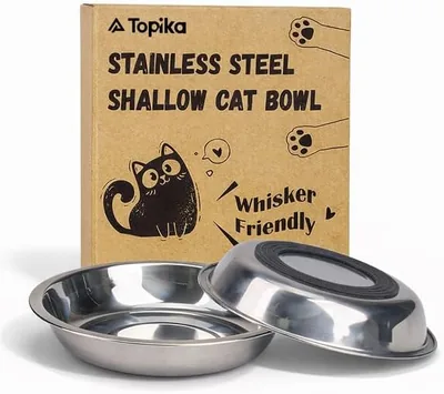 Topika Stainless Steel Cat Food Bowl, Whisker-Friendly Shallow Non-Slip Cat Water Bowl