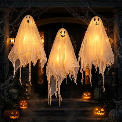3 LED Ghosta Hallowensdekoration, Hangande för Hem och Skogen Terras | Tre Olika Ansikt, ca 22mm Hög, 3 Ljus Mo