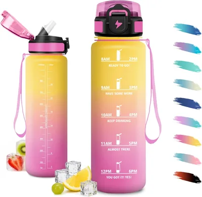 JAPORIA 1L Bouteille d'eau avec paille, marqueur horaire, étanche, réutilisable, sans BPA, motivation, bouteille d'eau